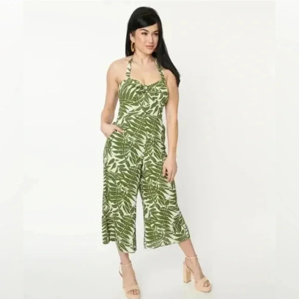🦋B2G1🦋UNIQUE VINTAGE Green Tropical Leaf Print Halter Jumpsuit NWT | 5X-LARGE
